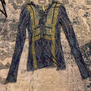 Free People Navy Paisley Long Sleeve Top with Green Accents and tie front